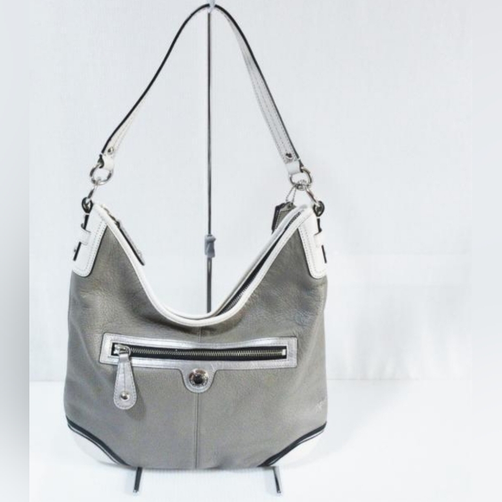 Coach Gray and White Leather Hobo Bag